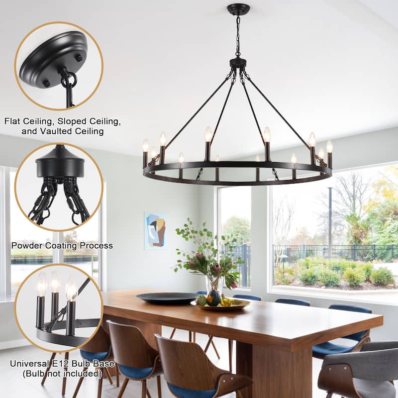 12-light Rustic Farmhouse Wagon Wheel Chandelier for Living Room - W37.99" x H90.55" - N/A