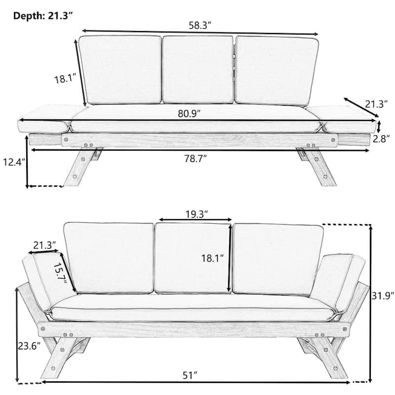 Outdoor Adjustable Patio Wooden Daybed Sofa Chaise Lounge with Cushions for Small Places
