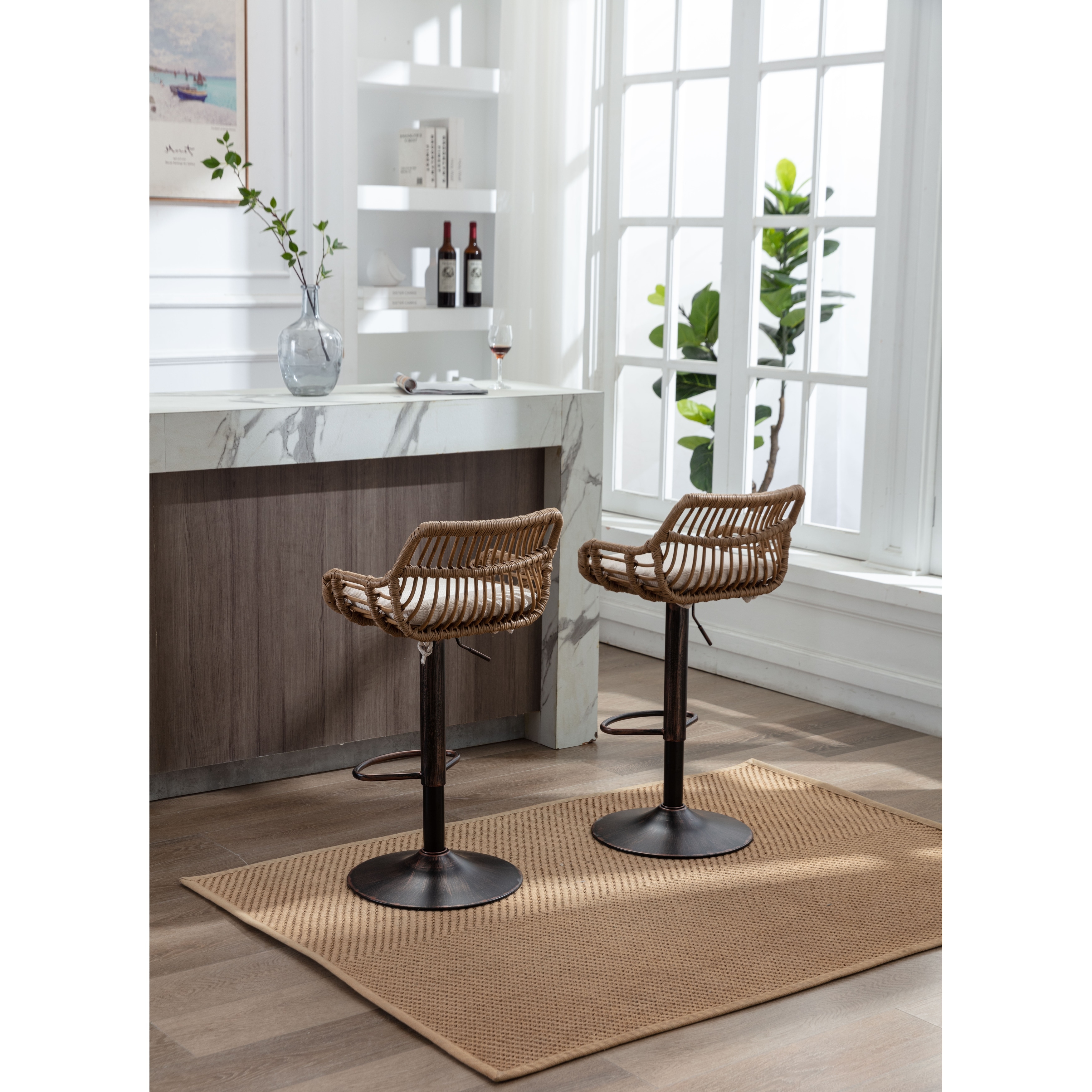 2pcs Beige Swivel Bar Stools Adjustable Counter Height Chairs with