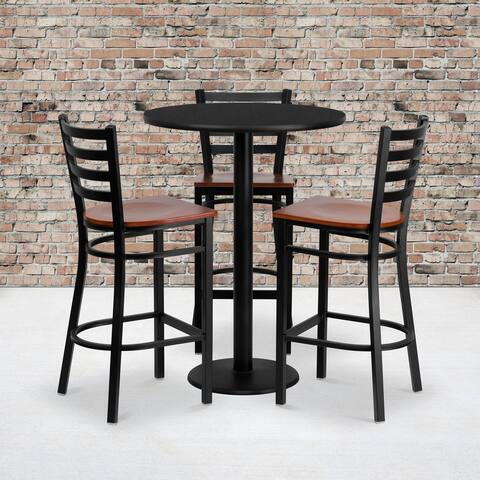30" Round Laminate Table Set with 3 Metal Barstools - Cherry Wood Seat