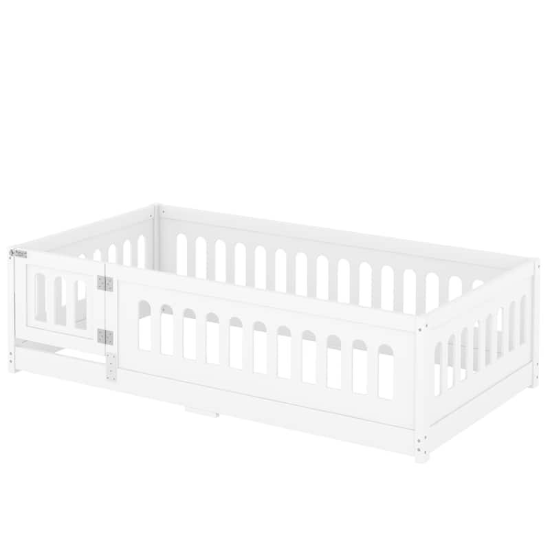 White Bed Frame Montessori Bed Twin Size Toddler Floor Bed with Guardrails and Door for Children Boys Girls Kids Playroom