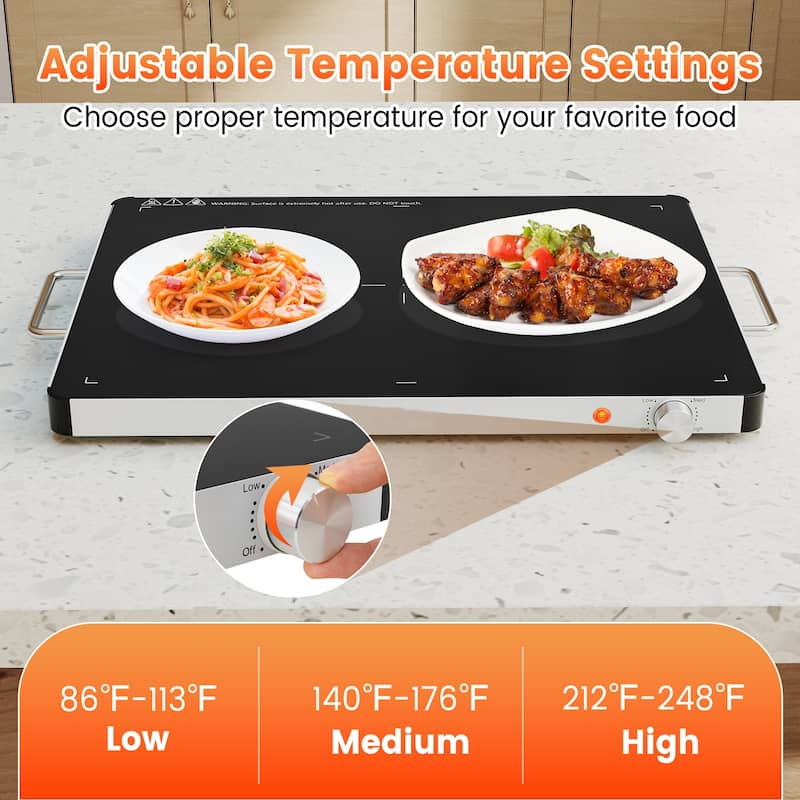 Black Tempered Glass Galvanized Steel Electric Warming Tray with 3 Temp Settings - 24" x 16.5" x 1.5"