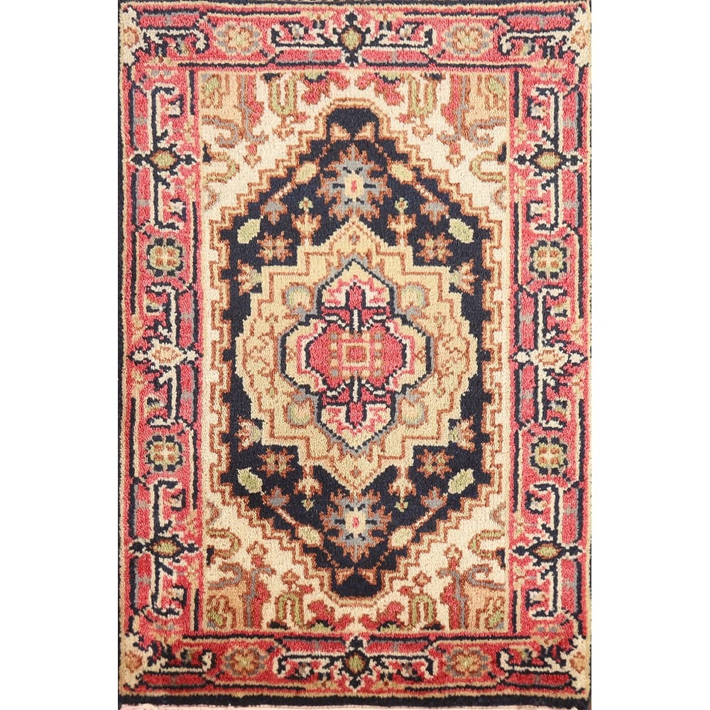 Hand Knotted Oriental 100% Wool Carpet Traditional Medallion Navy Blue & Blues Heriz (serapi) Area Rug - 3' 0'' X 2' 0''