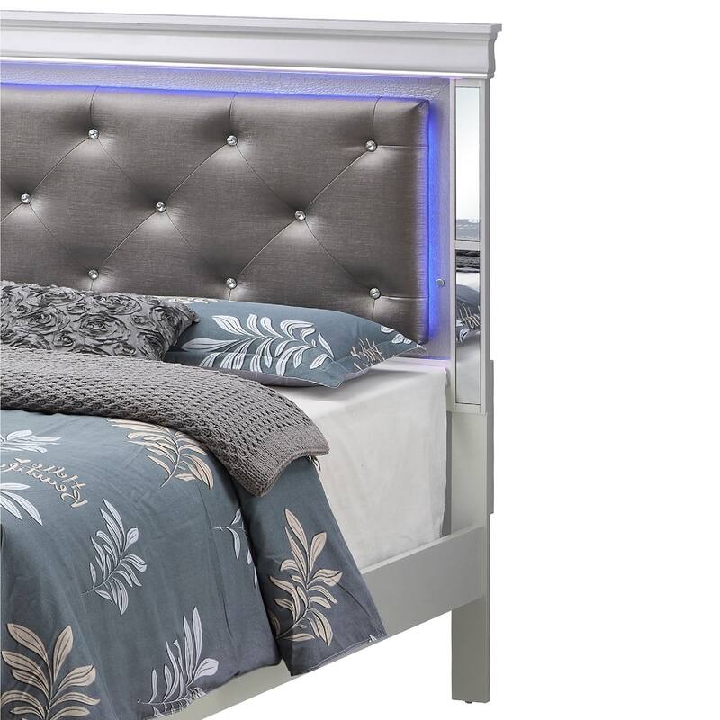Jewel Tufted Queen Panel Bed with LED Lights - 85" - Silver Champagne and Black