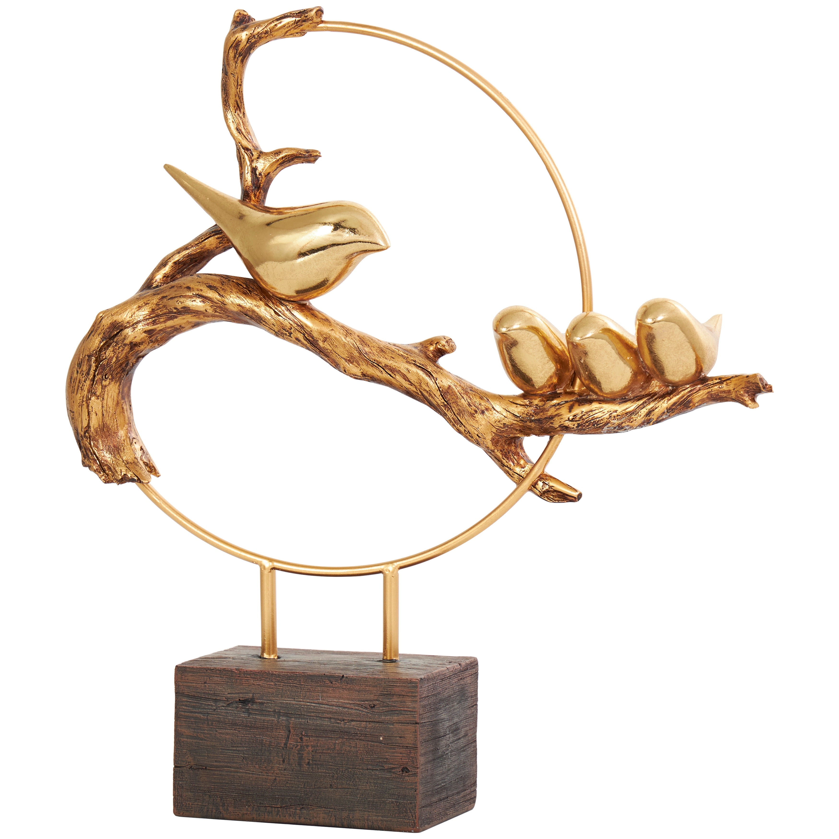 Polystone Bird Family On A Branch Sculpture with Brown Block Base - Gold - Roche River Decor - 4"W x 15"L x 16"H