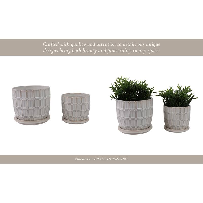 Stoneware Saucer Planters with Embossed Geometric Texture (Set of 2)