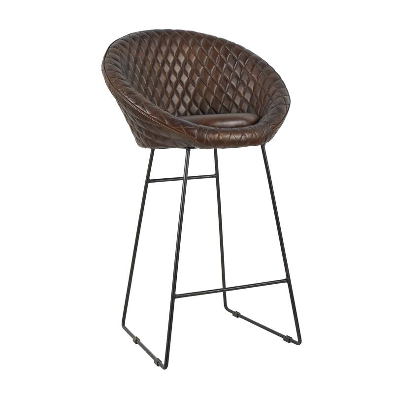 Brown Leather Round Diamond Tufted Bar Stool with High Back and Black Metal Legs (Set of 2)