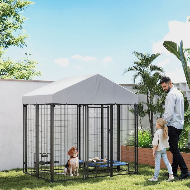 Silver-Black Steel Outdoor Dog Kennel with PE Cover and Secure Door - 70.8"W x 48"D x 72"H