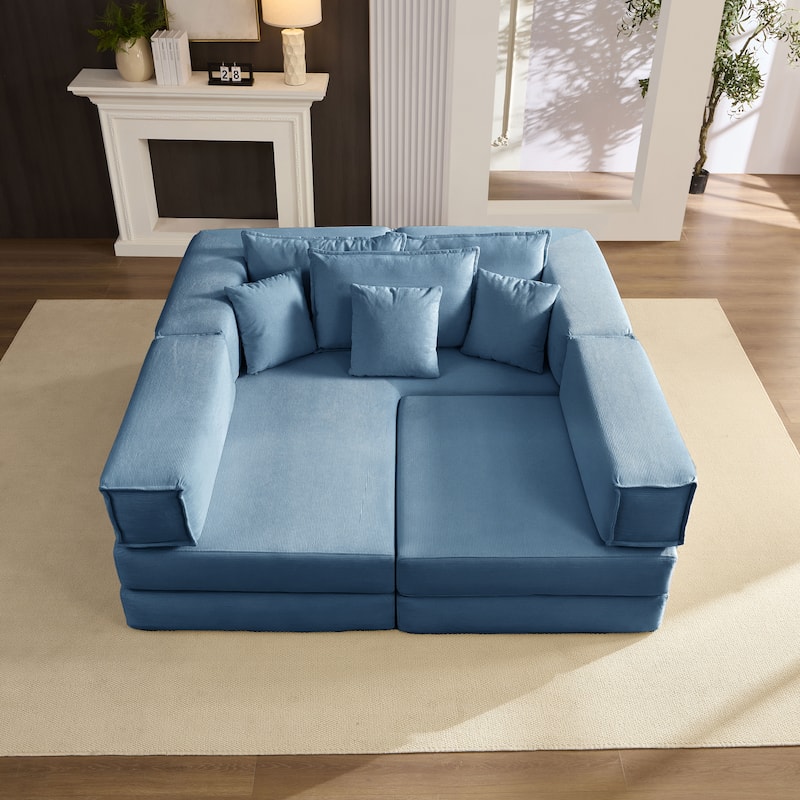 DIY Modular Corduroy L-Shaped Floor Sofa Set with 6 Pillows