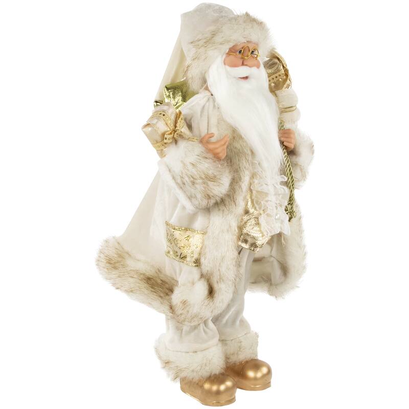 18" Ivory and Gold Santa Claus with Gift Bag Christmas Figure