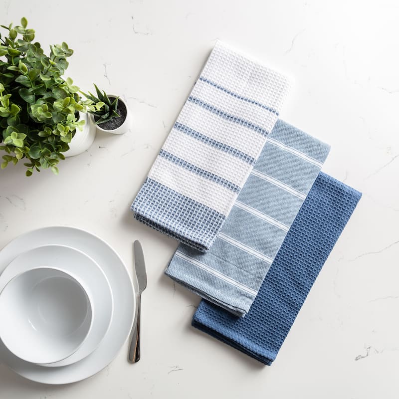 Fabstyles Fouta Cotton Set of 3 Kitchen Towel - Set of 3 - 18x26 - Blue