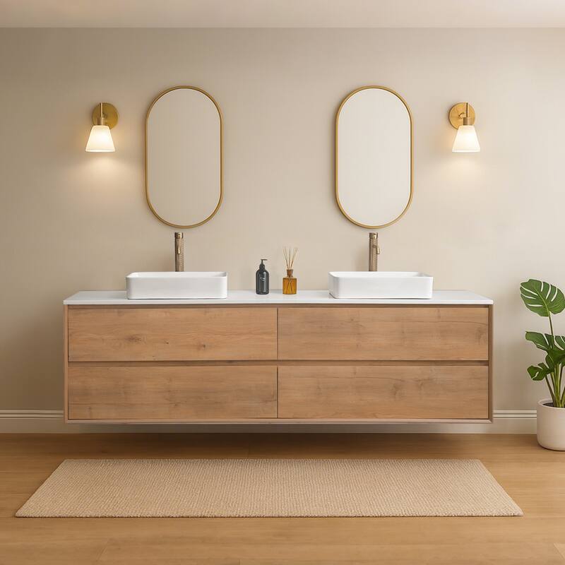 84" Floating Bathroom Vanity Quartz Counter Top with Double Ceramic Vessel Sink