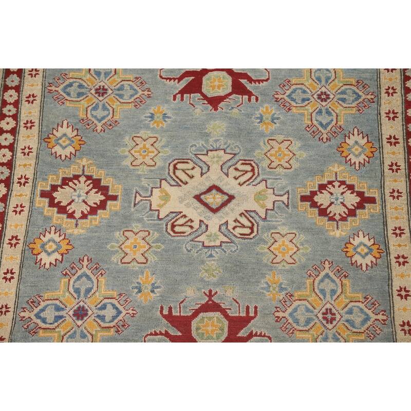 Geometric Kazak Area Rug Handmade Oriental Blue Wool Carpet - 6'7" x 9'10"