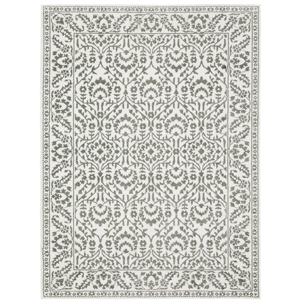 Montgeron Grey White Floral Border Casual Area Rug