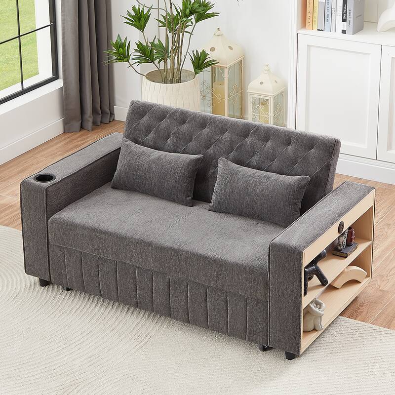 61.4" Convertible Grey Chenille Sofa Bed with Adjustable Backrest
