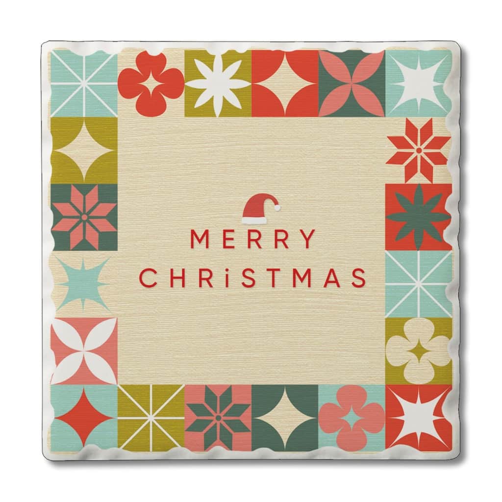 Retro Merry Christmas 4 Pack Single Absorbent Stone Coaster with Protective Cork Backing Made in The USA 4" Square, Wipes Clean