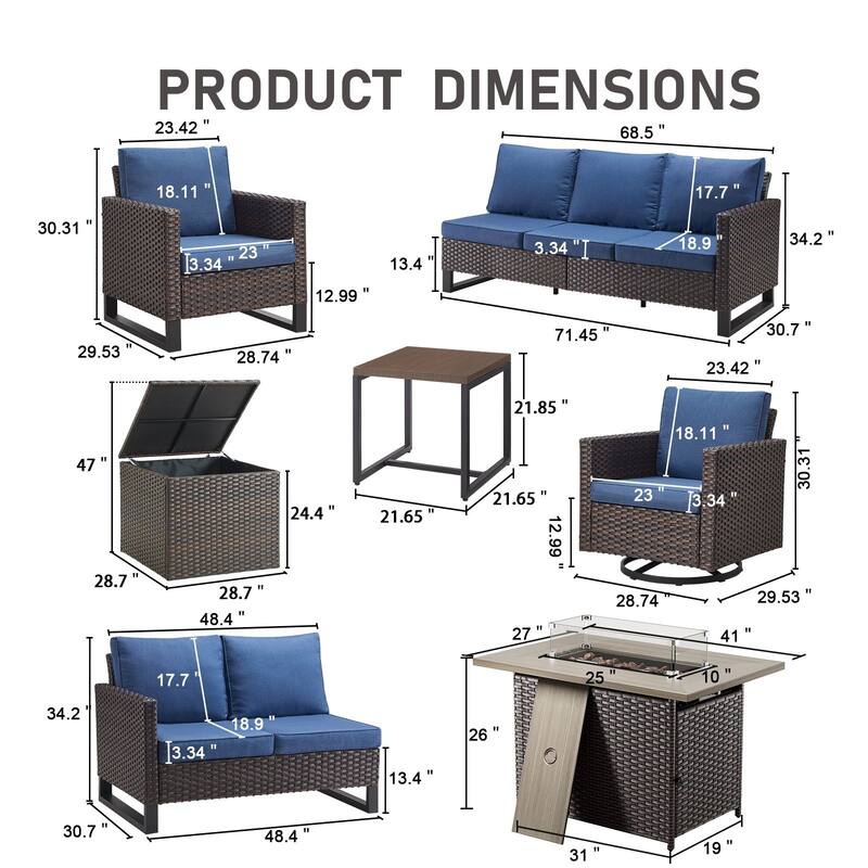 Gymojoy 9 Piece All-Weather Wicker Outdoor Patio Family Conversation Set Group With Fire Pit Table