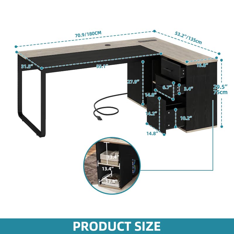 Moasis 71" L Shaped Office Computer Desk with Drawers and File Cabinet