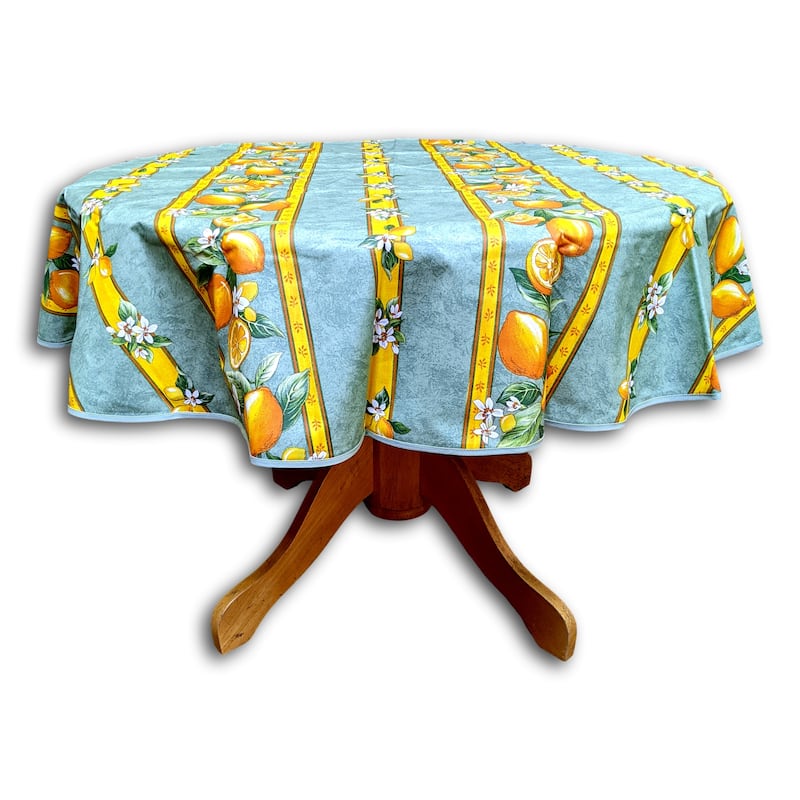 Wipeable Spill Resistant Provencal Cotton Cannes Collection Tablecloth - 60-in Round - Green Citrons