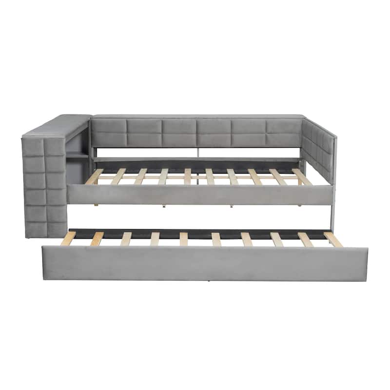 All-in-One Modern Velvet Upholstered Full Platform Bed with Trundle by Harper&Bright Designs