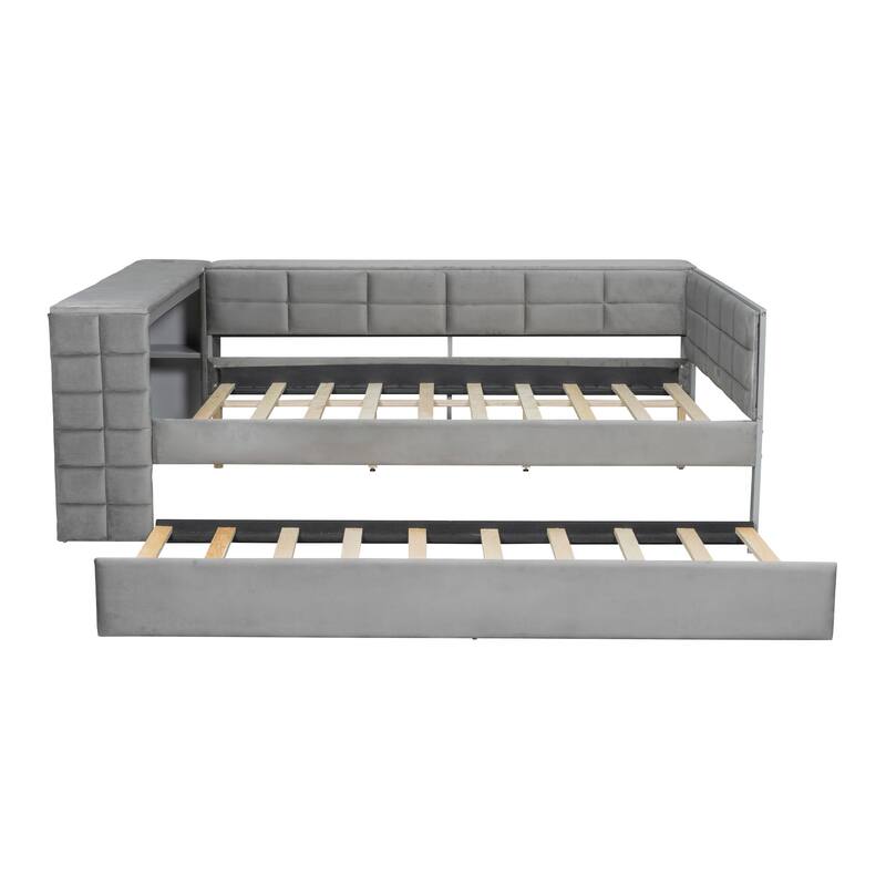 Roomfitters Full Size Upholstered Platform Bed with Built-in Desk, Storage Shelves, Charging Station and Pull-Out Trundle