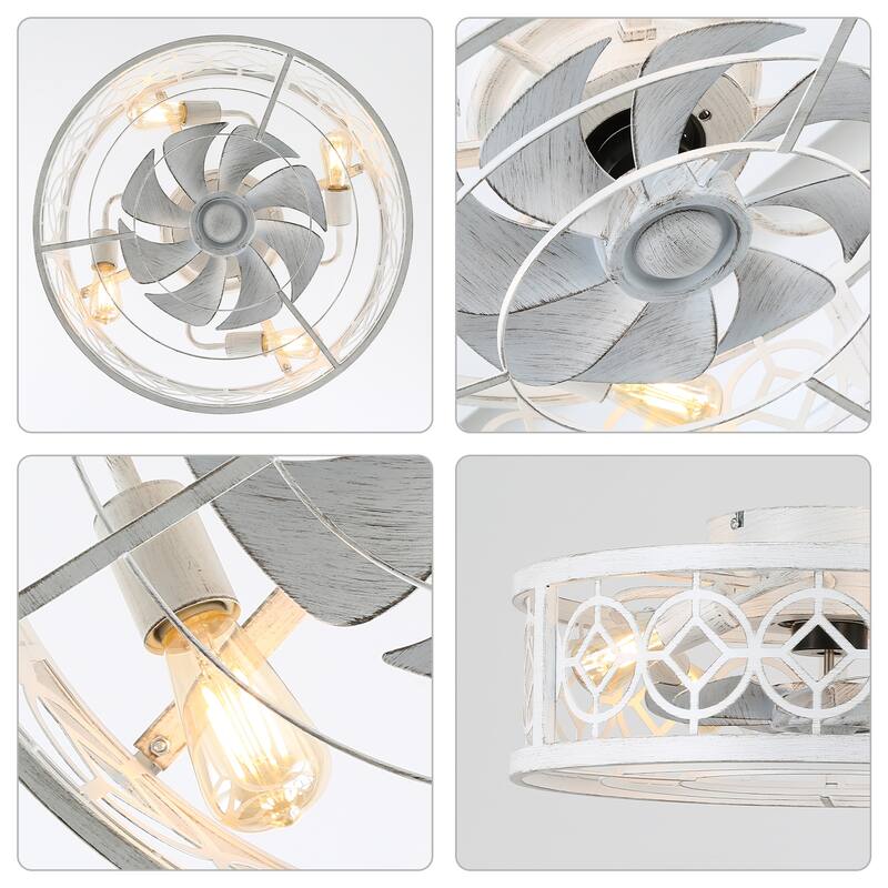 Chichoice 20" Farmhouse Distressed White Caged Ceiling Fan, Rustic Flush Mount Ceiling Fan with Remote for Bedroom - 19.5"*19.5"