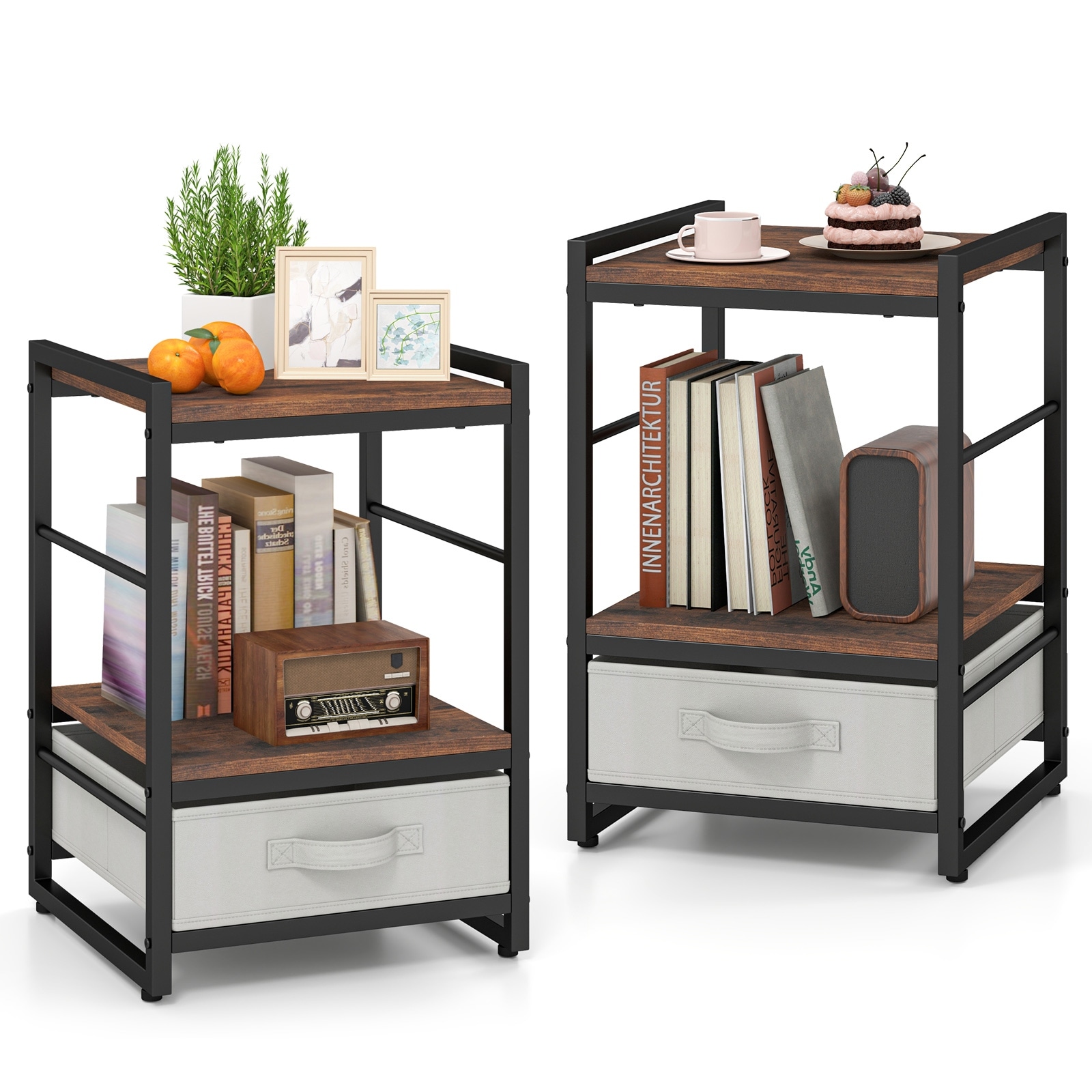 Gymax 2 PCS Nightstand Industrial Bedside Table w/ Open Storage Shelf
