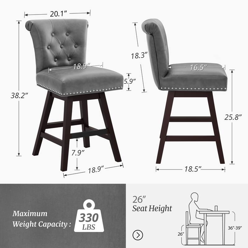 26 in. Bar Stool Counter Height Barstool 360° Swivel with Curved Backrest Armless Stool