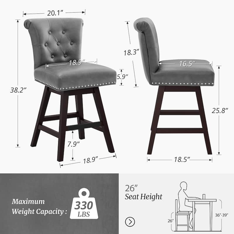 26 in. Set of 4 Bar Stools Counter Height Barstool 360° Swivel with Curved Backrest,Armless Stool