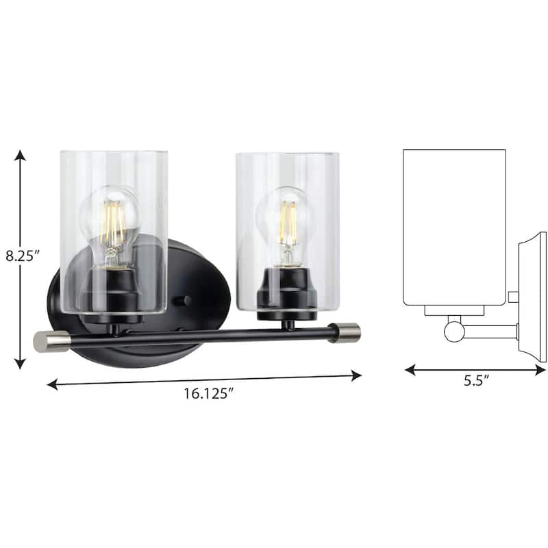 Riley Collection Two-Light Matte Black Clear Glass Modern Bath Vanity Light - 16.125 in x 5.5 in x 8.25 in