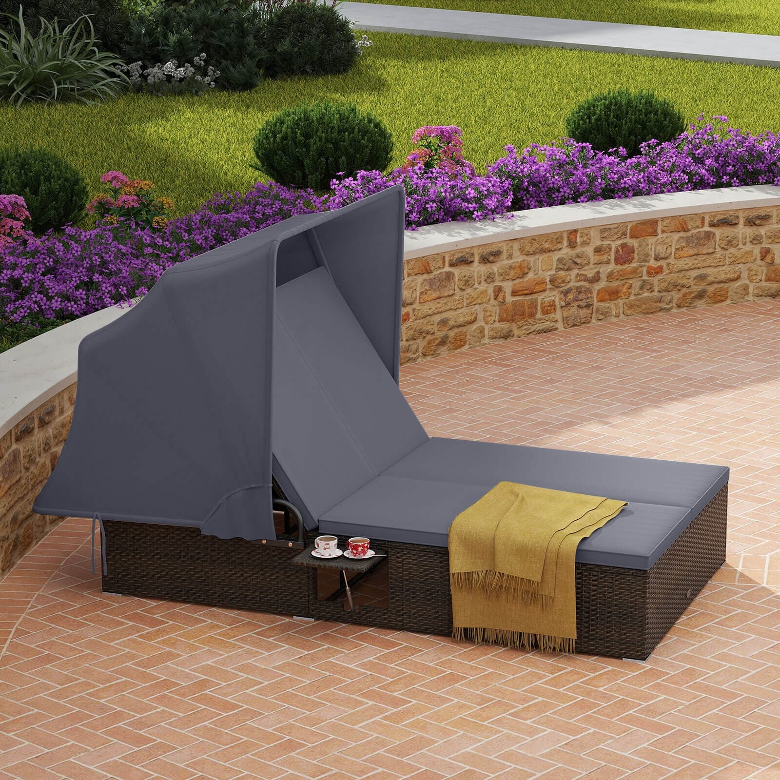 Costway 2-person Rattan Lounge Bed with Retractable Canopy 5-position - See Details