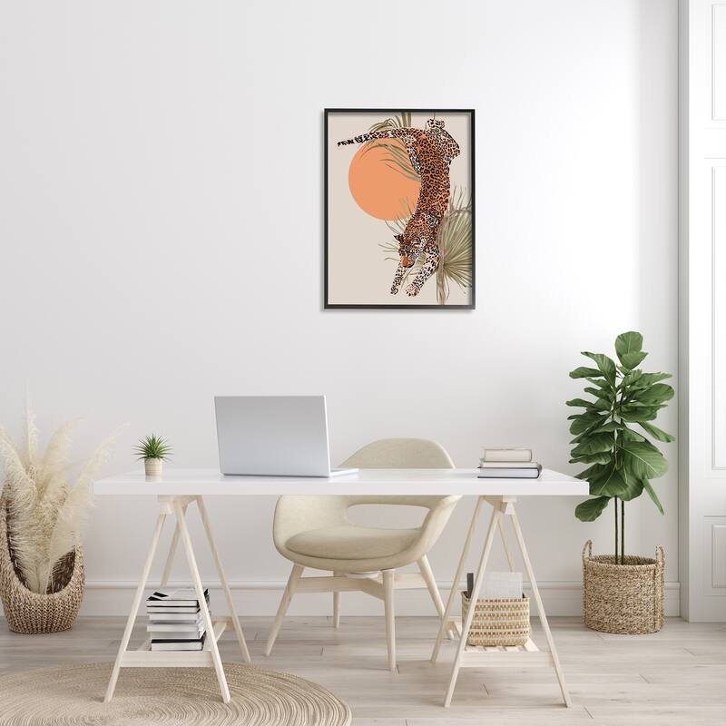 Stupell Jungle Cat Leopard Pounce Orange Sun Palm Leaf Framed Wall Art