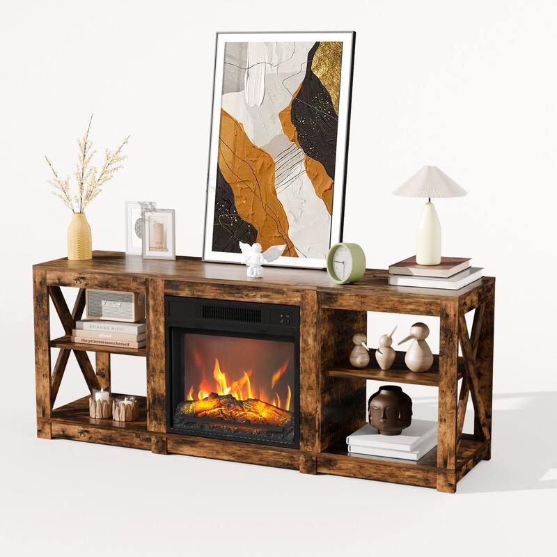TV Stand with Optional Fireplace for TVs up to 70in Farmhouse Entertainment Center with Adjustable Shelves