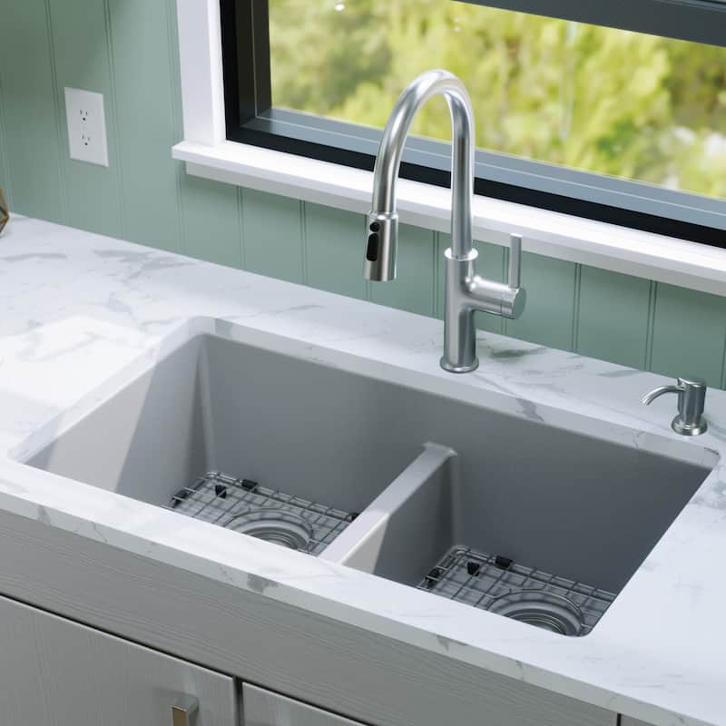 Karran 32" Undermount Double Equal Bowl Quartz Kitchen Sink Kit - 32" x 19.5" x 9"