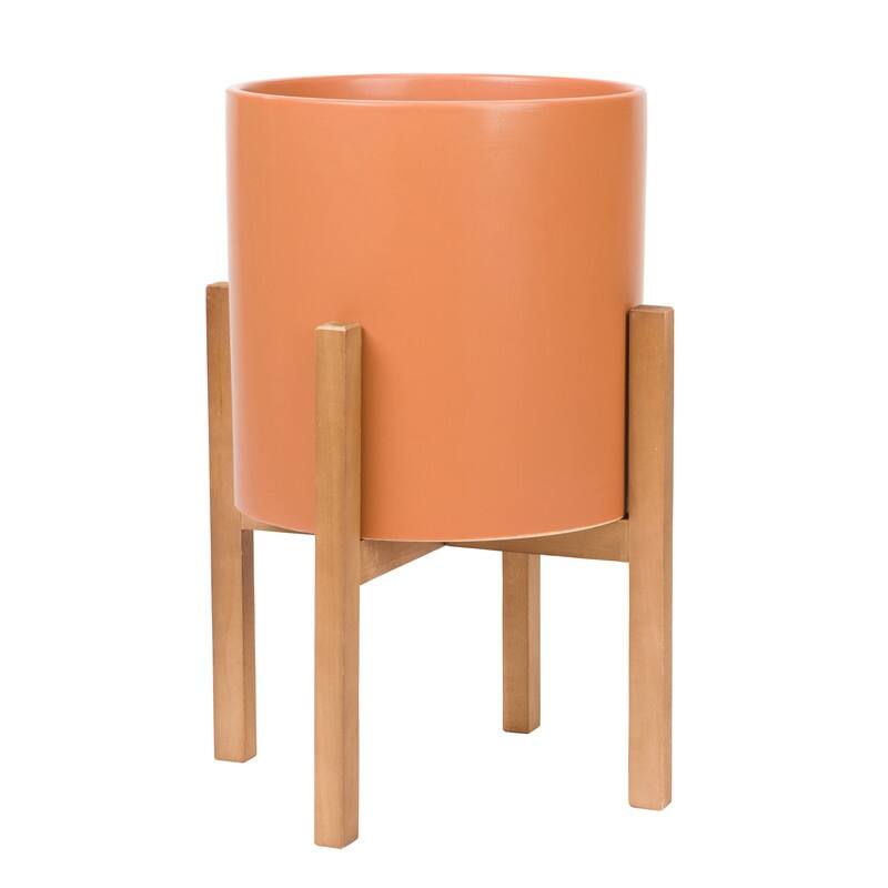 Liam Modern Ceramic Planter with Wood Legs - 22"H x 15.5"W - Orange