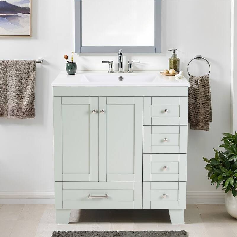 30" Blue Grey Bathroom Vanity with Ceramic Sink - Soft-Close Drawers, Solid Wood Frame, Multi-Organizer Storage - Blue+Grey
