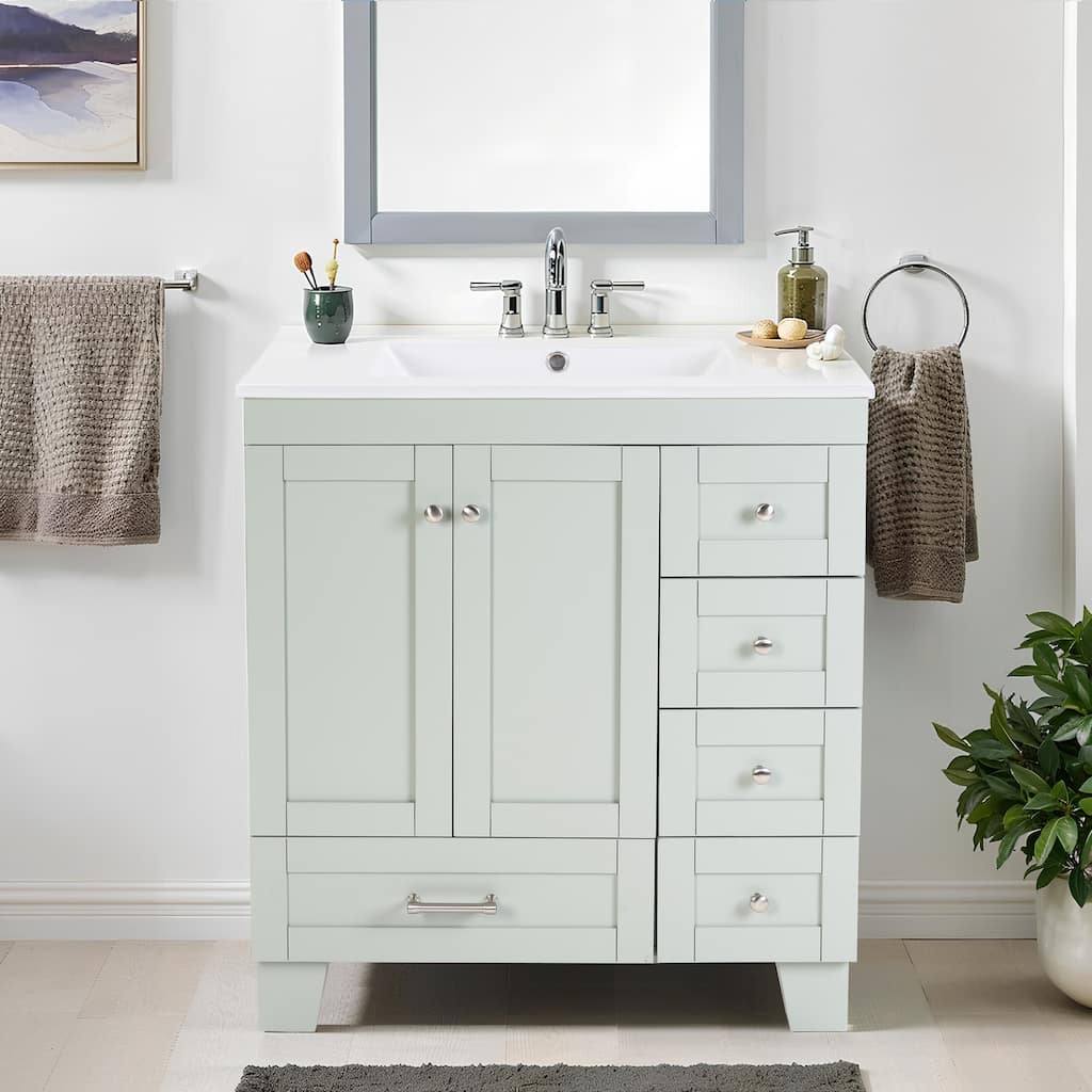 30" Blue Grey Bathroom Vanity with Ceramic Sink - Soft-Close Drawers, Solid Wood Frame, Multi-Organizer Storage