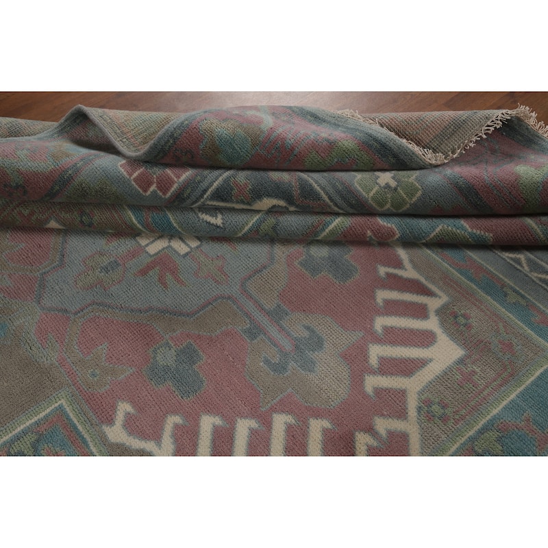 Blues Pink Geometric Oushak Indian Area Rug Handmade Wool Carpet - 8'0" x 10'0"
