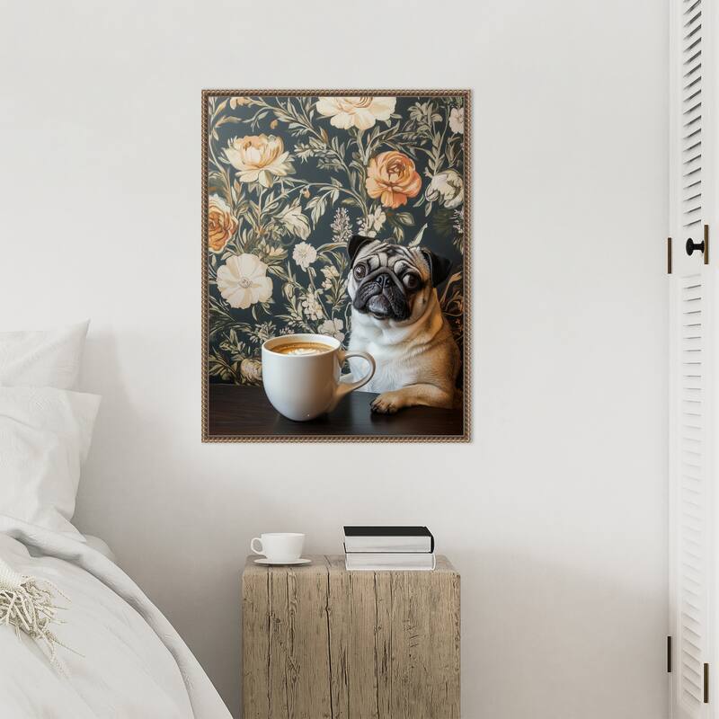 The Latte Loving Pug by Mowzu Framed Canvas Wall Art