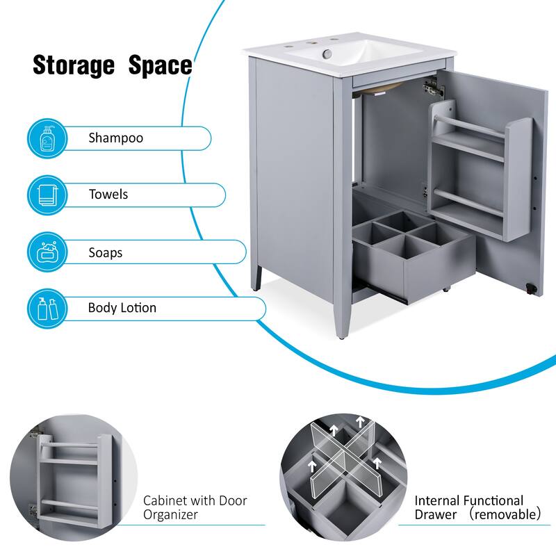 20.3" Freestanding Bathroom Vanity with Ceramic Sink, Soft-Close Door, Cabinet and Drawer Storage