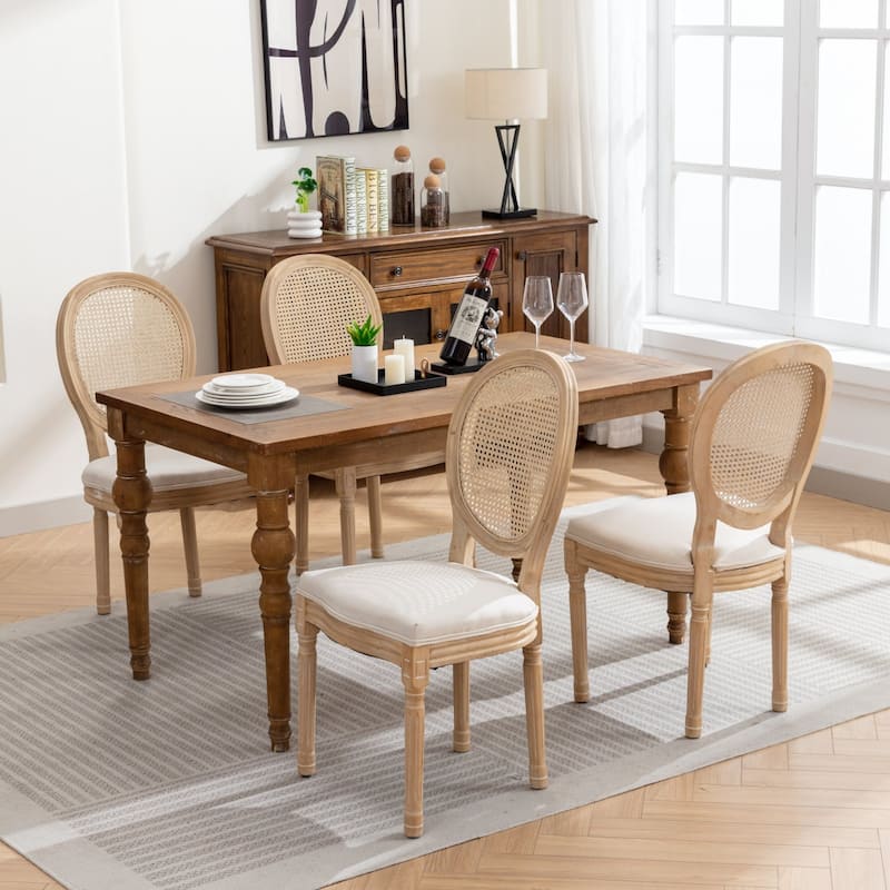 Rattan Upholstered Dining Chairs Set of 2, Solid Wood Kitchen Side Chair, Dining Room Chairs with Curved Backrest