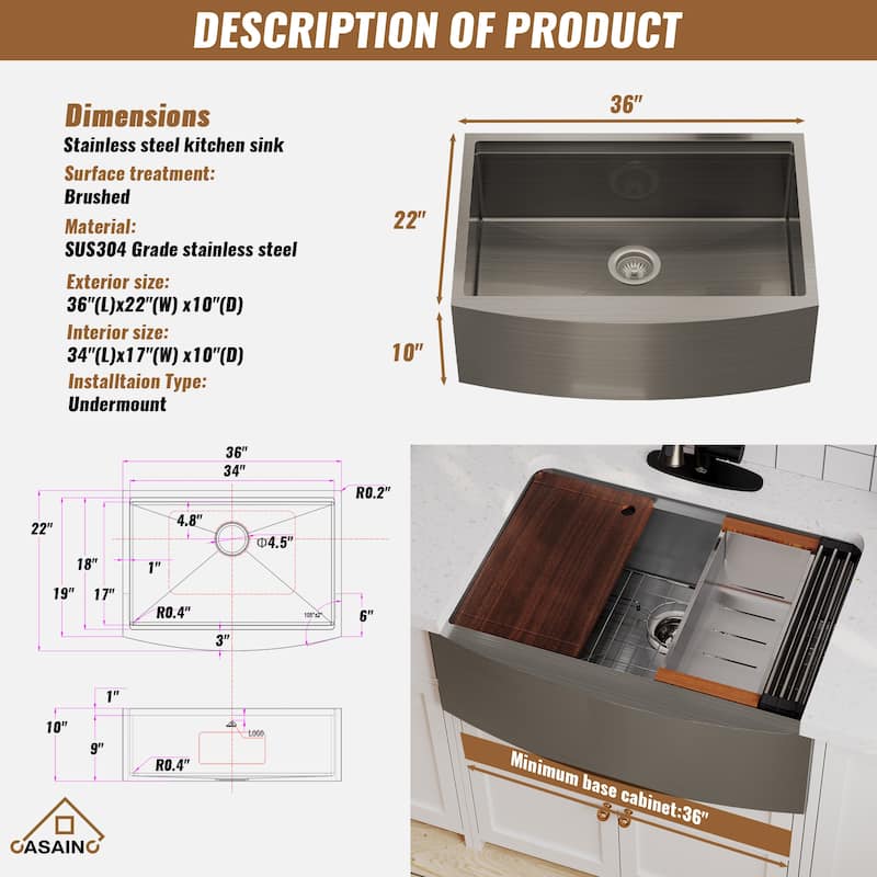 Stainless Steel Sink 16-Gauge Single Bowl Farmhouse Apron Workstation Kitchen Sink in Brushed with Accessories
