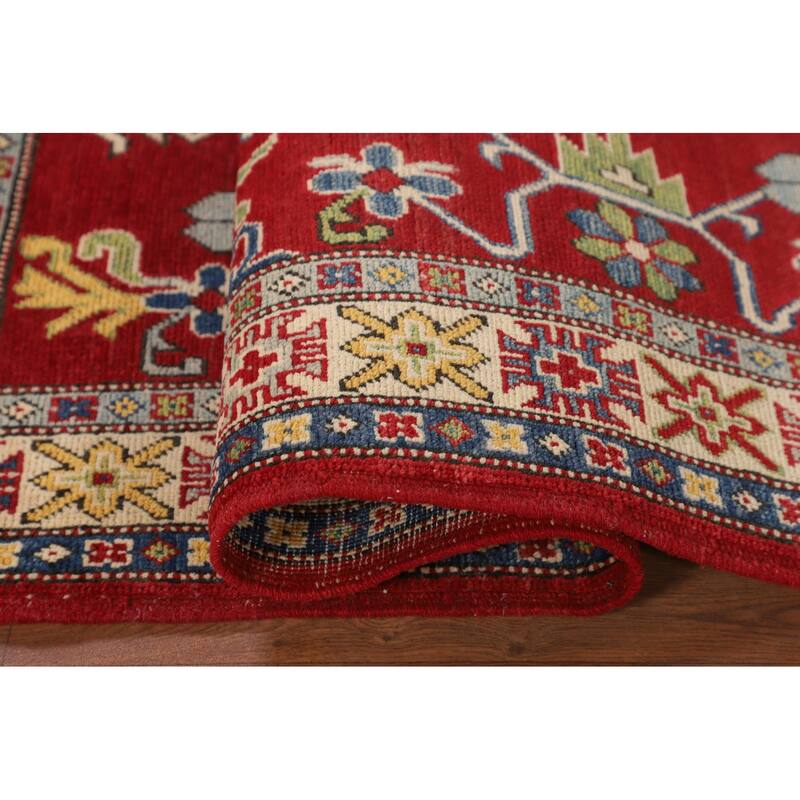 Red Geometric Kazak Rug Handmade Oriental Foyer Wool Carpet - 3'3" x 5'5"