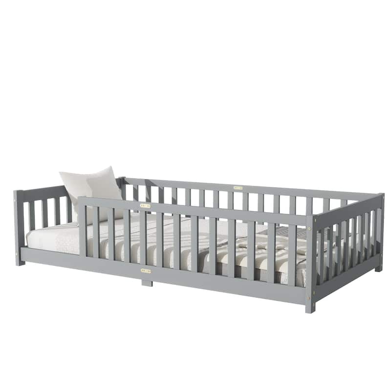 Rubber Wood Twin Size Floor Bed with Fence without Door