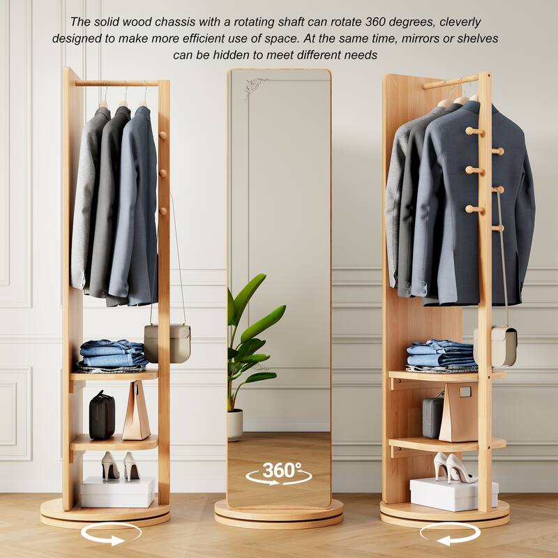 66" x 14" Solid Wood 360° Rotating Full-Length Floor Mirror with Built-in Coat Rack