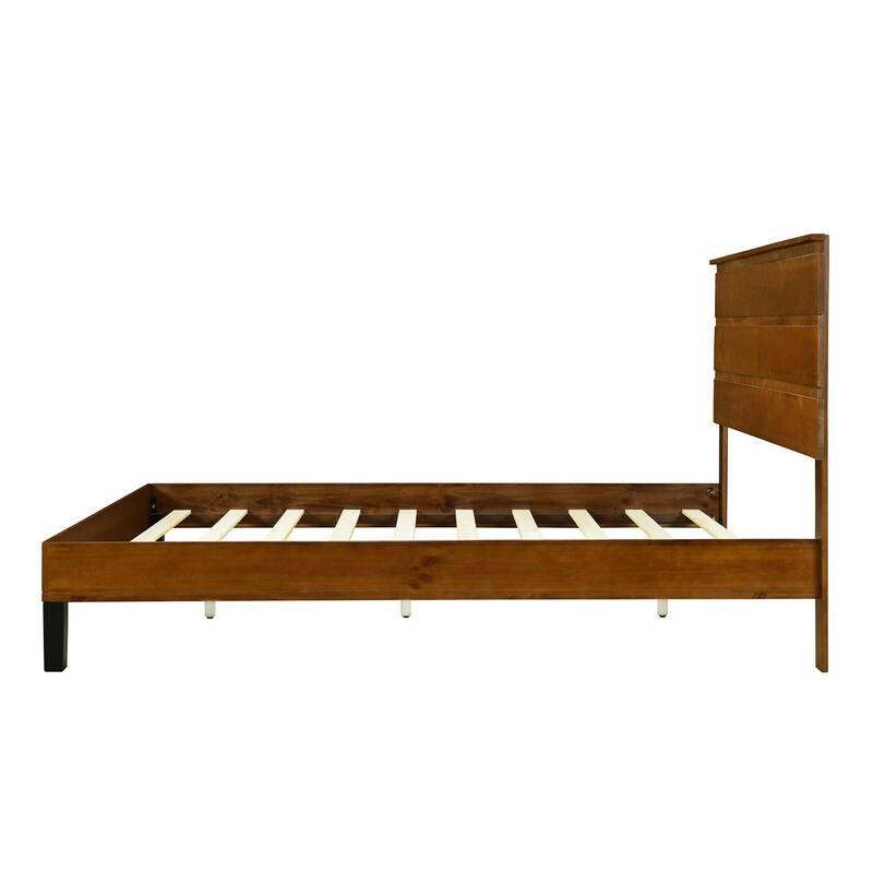 Brown Solid Wood Frame Platform Bed with Three-Piece Headboard Design