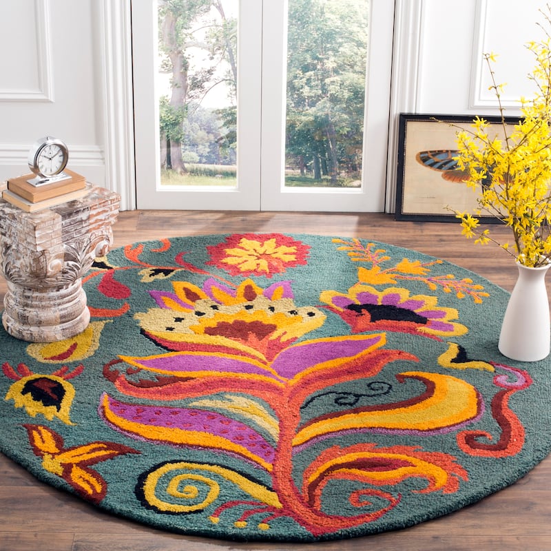 SAFAVIEH Handmade Blossom Aglae Modern Floral Wool Rug - 6' Round - Blue/Multi