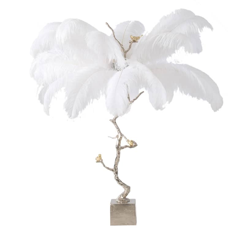 Branch and Feather Lamp in Champagne and White Finish - Artistic Decorative Lighting for Home or Office