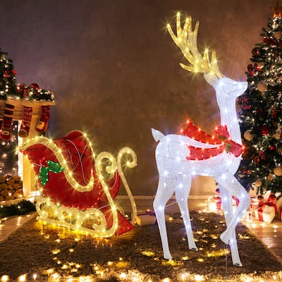 Gymax Lighted Christmas Reindeer & Sleigh Set Light-up Xmas - Multi - See Details
