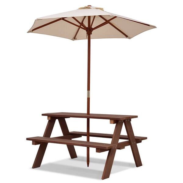 slide 2 of 8, Children Outdoor 4 Seat Kids Picnic Table Bench w/ Folding Umbrella Beige
